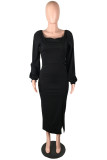 Pink Casual Solid Slit Square Collar Long Sleeve Dresses