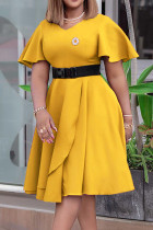 Yellow Casual Solid Patchwork Flounce With Belt O Neck A Line Dresses