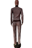Coffee Casual Leopard Patchwork Zipper Collar Long Sleeve Two Pieces