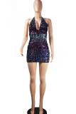 Purplish Blue Sexy Sequins Patchwork Backless Halter Pencil Skirt Dresses