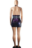Purplish Blue Sexy Sequins Patchwork Backless Halter Pencil Skirt Dresses