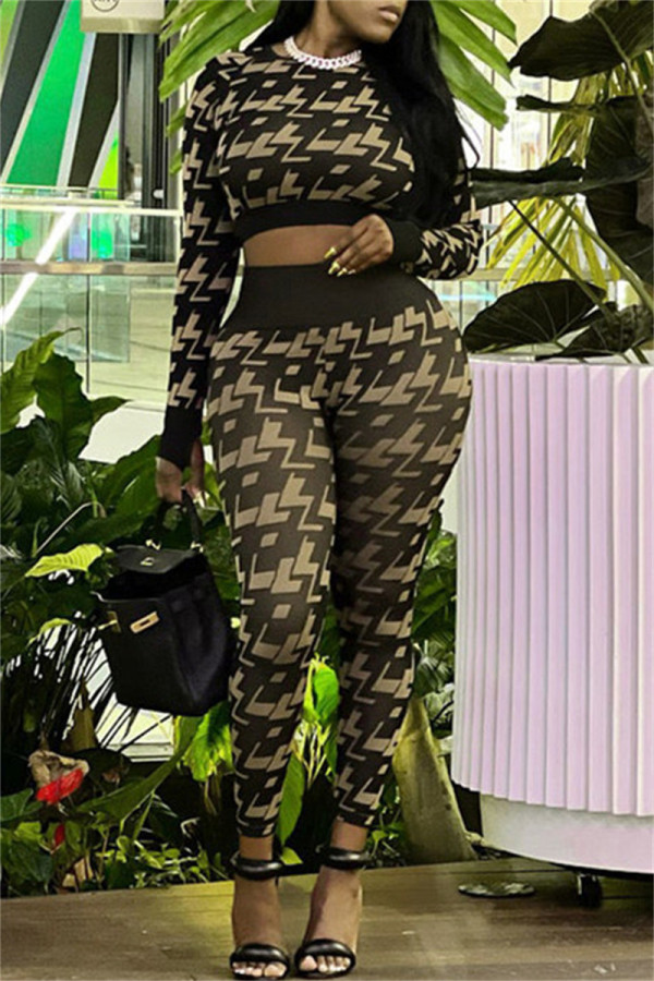 Multicolor Casual Print Patchwork O Neck Long Sleeve Two Pieces
