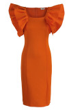 Orange Fashion Casual Solid Patchwork Square Collar Short Sleeve Dress