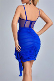 Blue Sexy Solid Patchwork Backless Fold Spaghetti Strap Sleeveless Dress Dresses