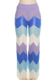 Blue Sexy Striped Print Patchwork Asymmetrical Turndown Collar Short Sleeve Two Pieces