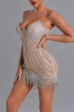 Khaki Sexy Formal Patchwork Hot Drilling Tassel Backless Strapless Evening Dress Dresses