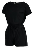 Black Fashion Casual Solid Basic O Neck Regular Rompers