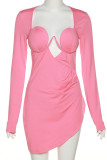 Pink Sexy Solid Patchwork Asymmetrical Asymmetrical Collar Pencil Skirt Dresses