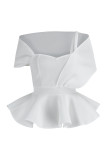 White Fashion Casual Solid Patchwork Flounce Off the Shoulder Tops