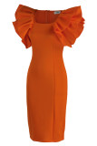Orange Fashion Casual Solid Patchwork Square Collar Short Sleeve Dress