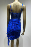 Blue Sexy Solid Patchwork Backless Fold Spaghetti Strap Sleeveless Dress Dresses