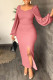 Pink Casual Solid Slit Square Collar Long Sleeve Dresses