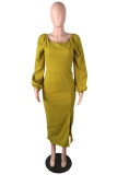 Pink Casual Solid Slit Square Collar Long Sleeve Dresses