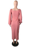Pink Casual Solid Slit Square Collar Long Sleeve Dresses