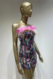 Colour Sexy Patchwork Sequins Backless Strapless One Step Skirt Dresses