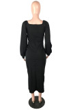 Pink Casual Solid Slit Square Collar Long Sleeve Dresses