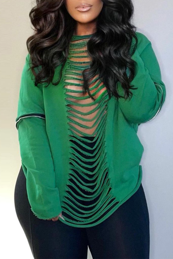 Green Sexy Solid Hollowed Out O Neck Tops