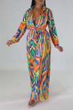 Fuchsia Sexy Print Patchwork V Neck Straight Jumpsuits