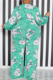Green Casual Print Patchwork V Neck Plus Size Jumpsuits