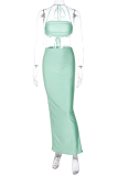 Green Sexy Solid Patchwork Halter Sleeveless Two Pieces