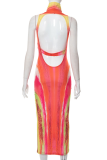 Red Sexy Patchwork Tie-dye Halter Pencil Skirt Dresses