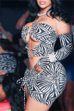 Black Sexy Print Bandage Hollowed Out Strapless Long Sleeve Dresses