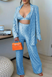 Blue Casual Solid Patchwork Turndown Collar Long Sleeve Three Pieces