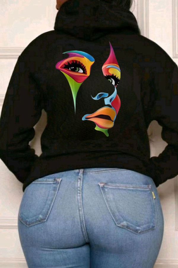 Black Casual Street Print Patchwork Hooded Collar Tops