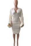 Pink Casual Street Solid Patchwork Fold Asymmetrical V Neck One Step Skirt Dresses