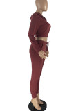 Burgundy Casual Solid Patchwork Zipper Hooded Collar Long Sleeve Two Pieces