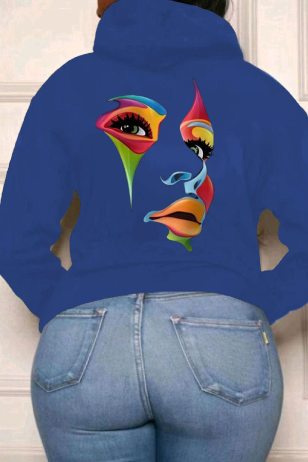 Blue Casual Street Print Patchwork Hooded Collar Tops