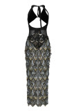 Pink Sexy Patchwork Bandage Hollowed Out Sequins Backless V Neck Sleeveless Dress
