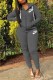 Dark Gray Street Print Letter Hooded Collar Long Sleeve Two Pieces