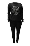 Black Casual Print Patchwork O Neck Long Sleeve Two Pieces
