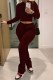 Burgundy Street Print Letter O Neck Long Sleeve Two Pieces