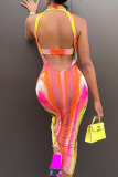 Red Sexy Patchwork Tie-dye Halter Pencil Skirt Dresses