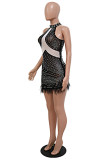 Black Sexy Patchwork Hot Drilling See-through Feathers O Neck Sleeveless Dress