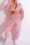 Pink Casual Solid Patchwork Zipper Collar Long Sleeve Two Pieces