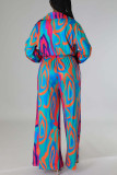 Fuchsia Sexy Print Patchwork V Neck Straight Jumpsuits
