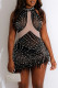 Black Sexy Patchwork Hot Drilling See-through Feathers O Neck Sleeveless Dress