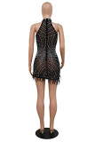 Black Sexy Patchwork Hot Drilling See-through Feathers O Neck Sleeveless Dress