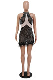 Black Sexy Patchwork Hot Drilling See-through Feathers O Neck Sleeveless Dress