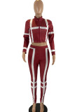 Burgundy Casual Print Patchwork Zipper Zipper Collar Long Sleeve Two Pieces