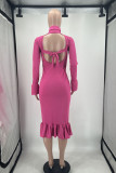 Yellow Sexy Solid Bandage Patchwork Backless Flounce Turtleneck Trumpet Mermaid Dresses