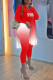 Red Casual Gradual Change Print Patchwork Slit V Neck Long Sleeve Two Pieces