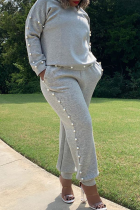 Grey Casual Solid Pearl Hooded Collar Long Sleeve Two Pieces