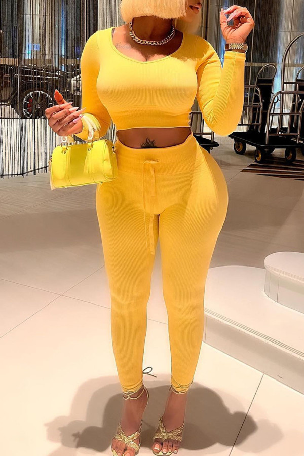 Yellow Casual Solid Patchwork O Neck Long Sleeve Two Pieces