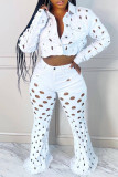 White Casual Solid Ripped Patchwork Turndown Collar Long Sleeve Two Pieces
