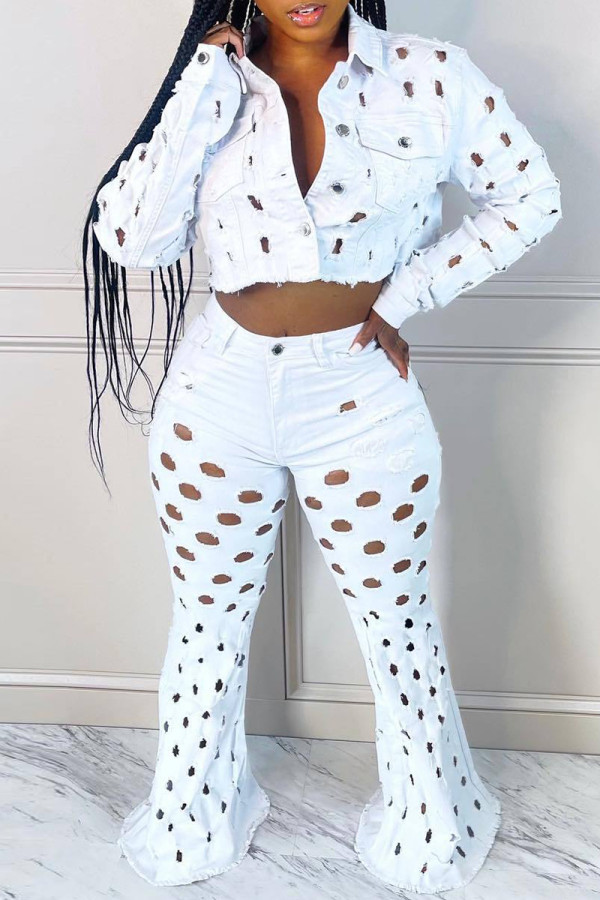 White Casual Solid Ripped Patchwork Turndown Collar Long Sleeve Two Pieces