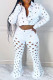 White Casual Solid Ripped Patchwork Turndown Collar Long Sleeve Two Pieces